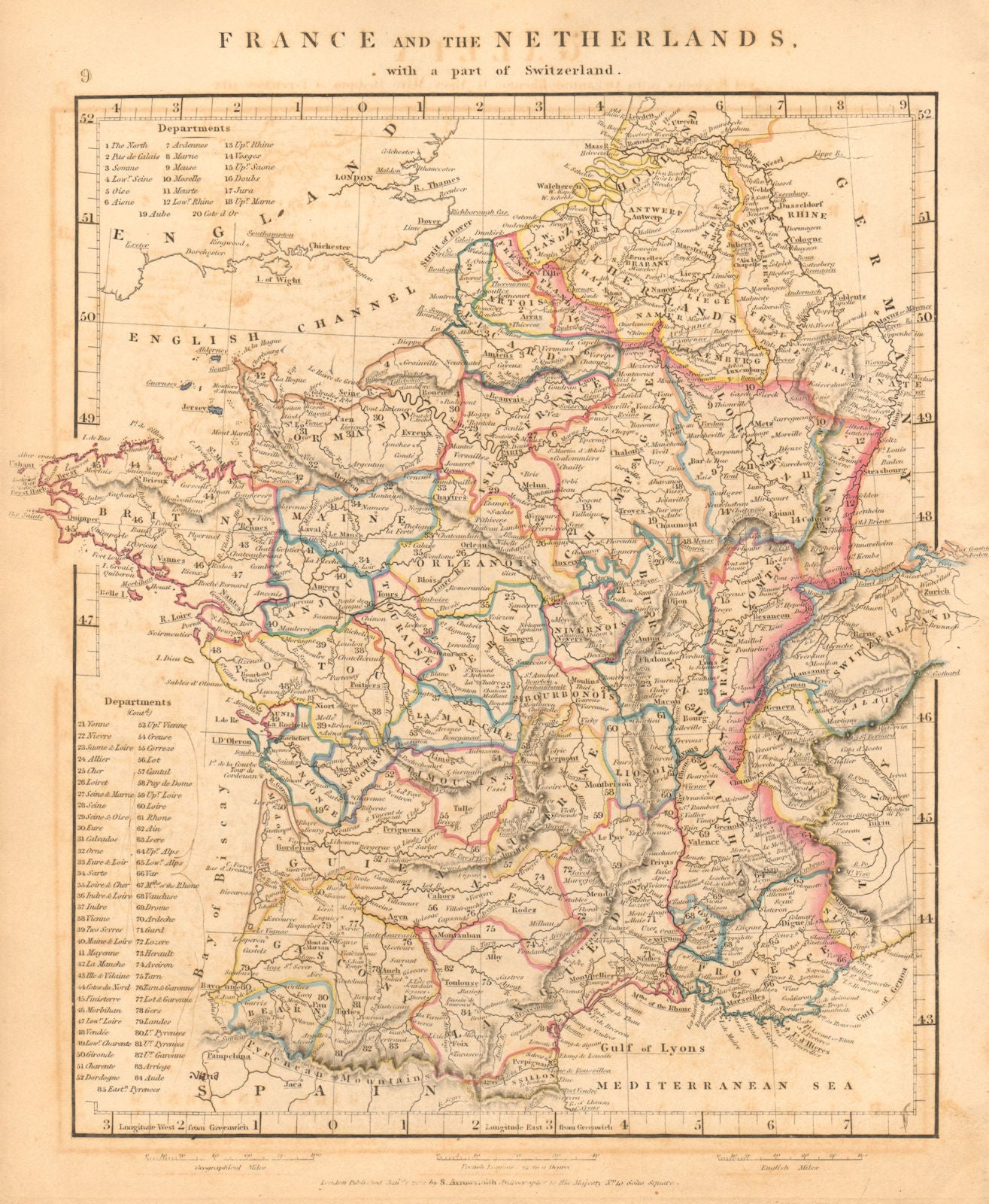 FRANCE & the Netherlands with a part of Switzerland. Benelux ARROWSMITH 1828 map